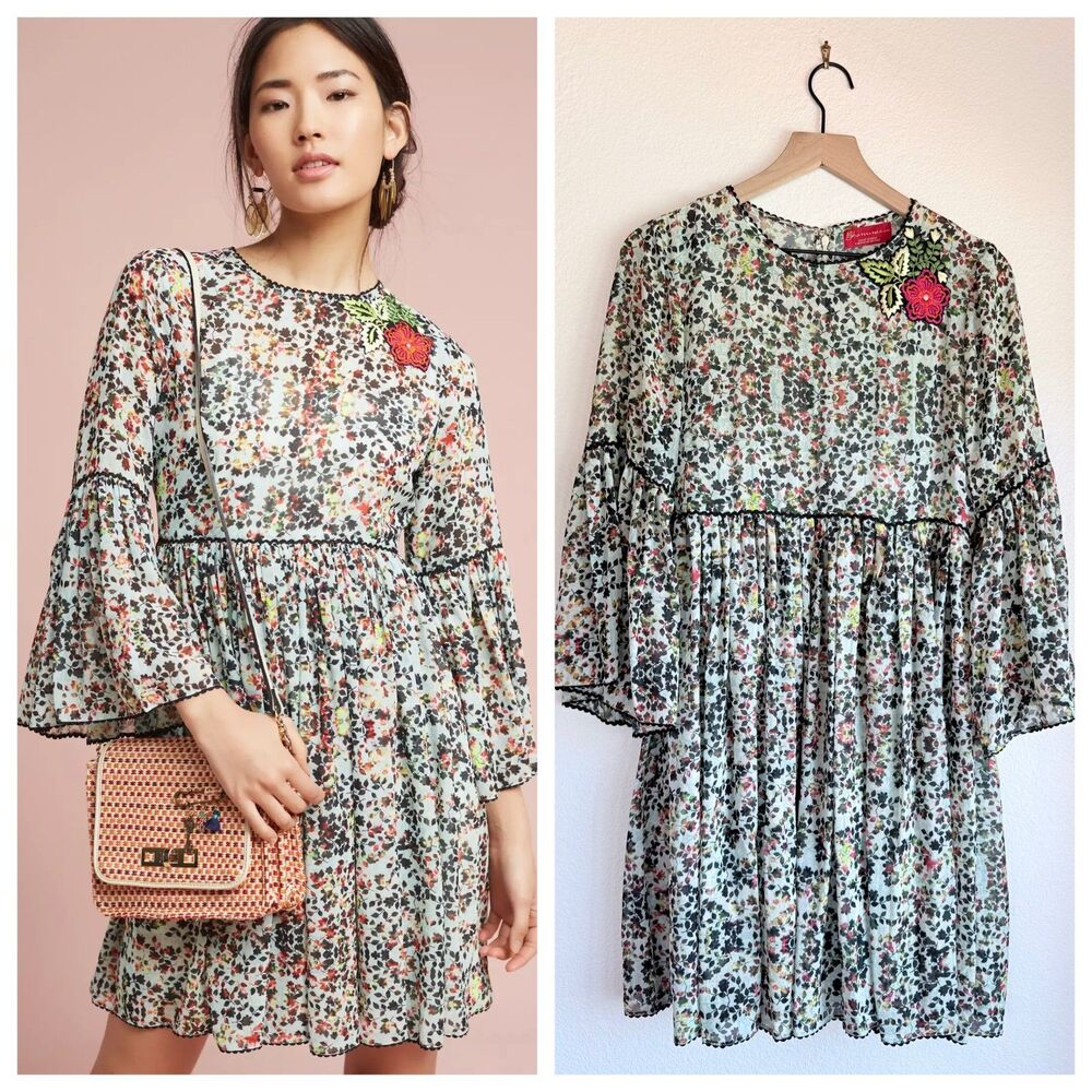Anthropologie Bhanuni by Jyoti Libra Floral Boho Bell Sleeve Dress EUC
